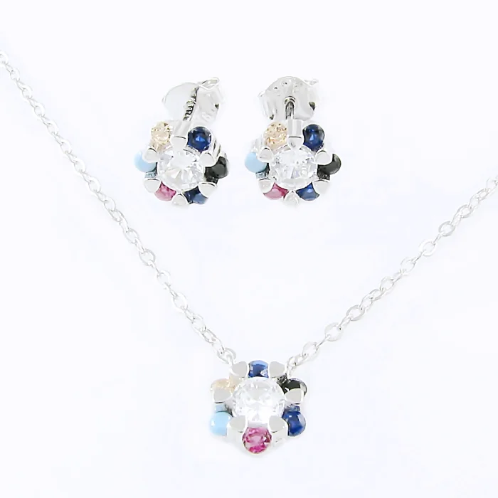 Srebrny komplet z kolorowymi kryształkami